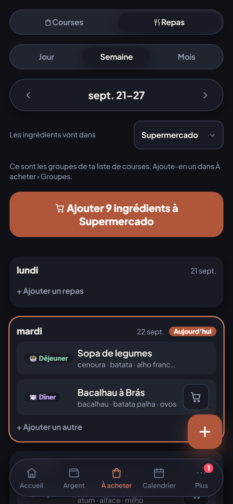 Les repas de la semaine, et les courses qui suivent